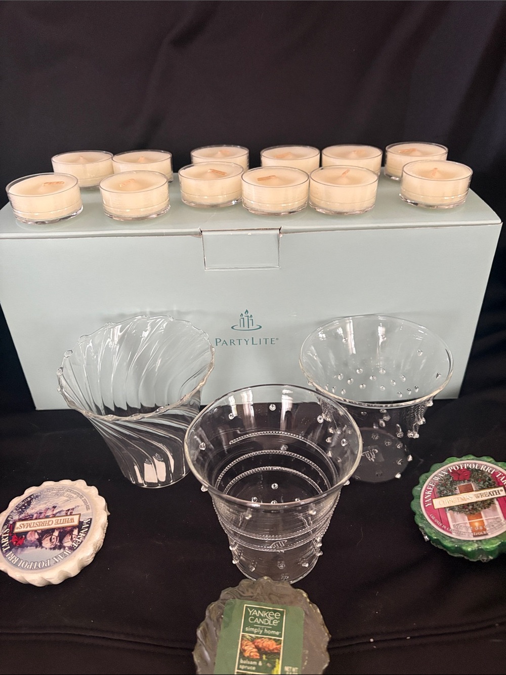 PartyLite Clear Glass Votive Cups with Cream Tealights